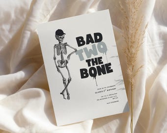 Bad Two The Bone, 2nd Birthday Party Invitation | Boy Second Birthday Printable Invite | Canva Template