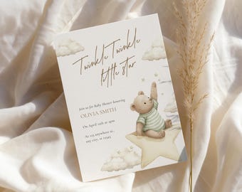 Teddy Bear Baby Shower Invitation, Moon and Stars Baby Shower Invite, Neutral Bear Shower (Digital Download)