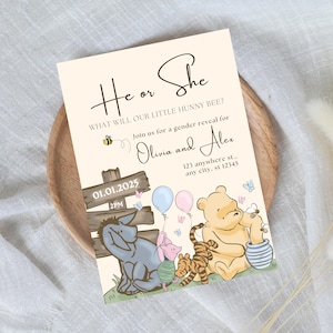 May include: A gender reveal invitation with the text "He or She" and "What will our little Hunny Bee?" featuring Winnie the Pooh characters. The invitation includes the date 01.01.2025 and the names Olivia and Alex. The design includes a bee, balloons, and butterflies.