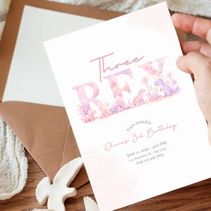 Three Rex Birthday Invitation Template, Pink Purple Dinosaur Party Invite, Girl Dino 3rd Birthday, Editable Printable Download image 2