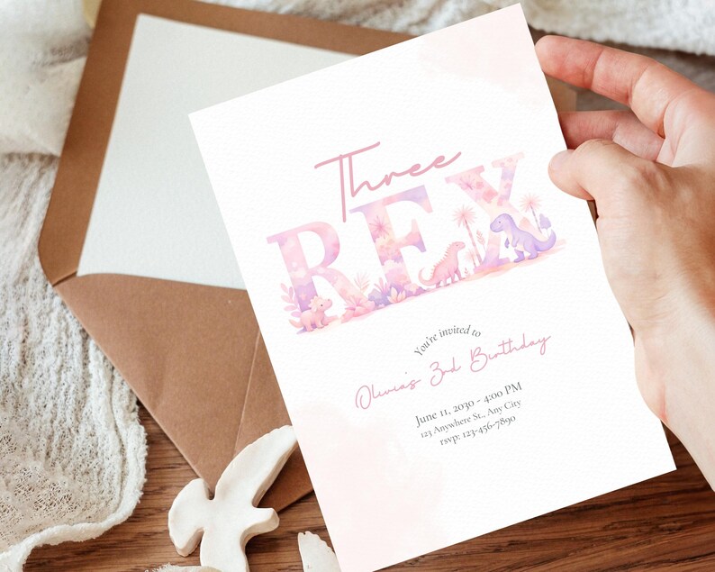 Three Rex Birthday Invitation Template, Pink Purple Dinosaur Party Invite, Girl Dino 3rd Birthday, Editable Printable Download image 2