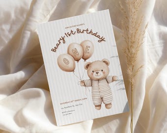 Beary First Birthday, Teddy Bear 1st Birthday Theme, First Birthday Invite, Printable Evite (Digital Download)