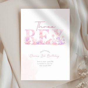 May include: A light pink and purple birthday invitation with the text "Three REX". The invitation includes dinosaur illustrations and event details. The background is a soft, watercolor design.