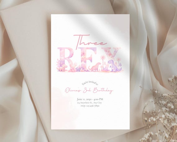 Three Rex Birthday Invitation Template, Pink Purple Dinosaur Party Invite, Girl Dino 3rd Birthday, Editable Printable Download