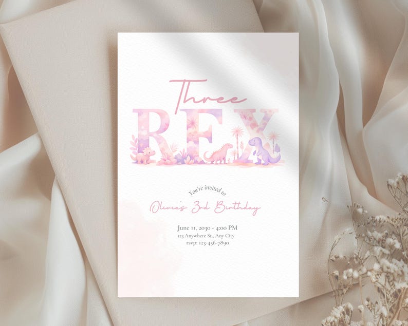 May include: A light pink and purple birthday invitation with the text "Three REX". The invitation includes dinosaur illustrations and event details. The background is a soft, watercolor design.