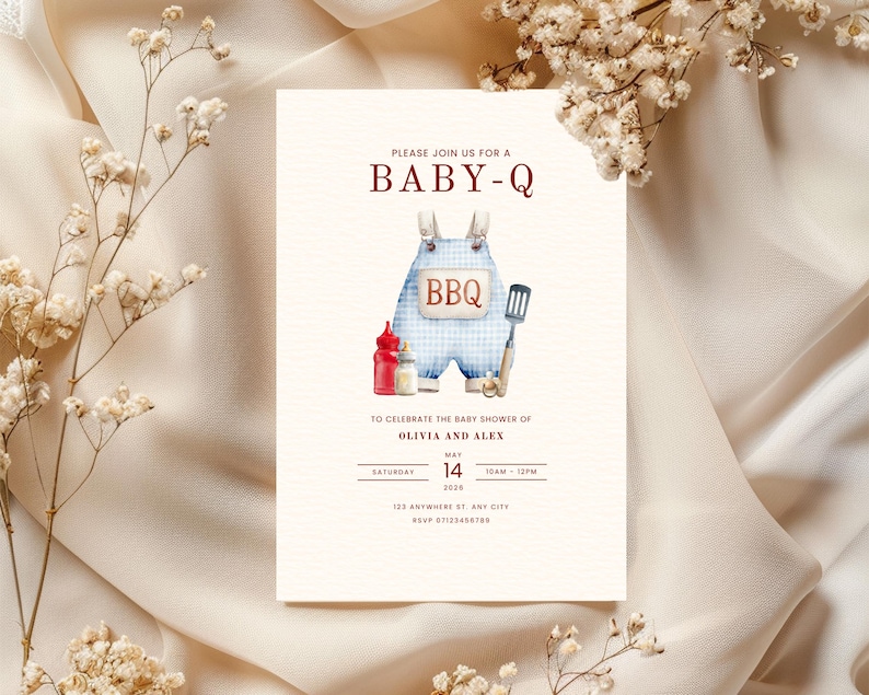 May include: Baby shower invitation with the text "PLEASE JOIN US FOR A BABY-Q". The invitation features a watercolor illustration of blue gingham overalls with the word "BBQ" on them, along with condiments and a spatula.
