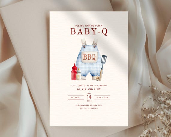 Baby-Q Baby Shower Invitation Template, BBQ Baby Shower Invite, Boy Baby Shower, Summer Barbecue Party, Editable Printable