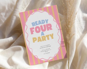 Ready Four A Party, 4th Birthday Invitation Template, Pastel Fourth Birthday Invite, Editable Girl Birthday Party Invite