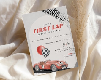 Race Car 1st Birthday Invitation | First Lap Around the Track | Editable Boys First Birthday Invite | Printable Racing Party Canva Template