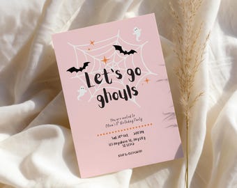 Let’s Go Ghouls Invitation | Girls Pink Halloween Birthday Invitation | Editable Ghost Birthday Invite | Spooky Cute Party | Any Age Girl