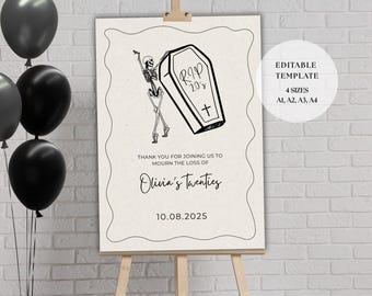 30th Birthday Welcome Sign | RIP 20’s Theme 30th Birthday Party | 30th Birthday Decor | Editable Canva Template in 4 sizes