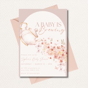 Invitación para baby shower con tema &quot;A Baby is Brewing&quot; / Invitación para baby shower editable y personalizable / Invitación para baby shower con fiesta de té