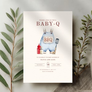 May include: Baby shower invitation with the text "BABY-Q" in maroon. The invitation features a watercolor illustration of blue gingham overalls with the word "BBQ" on the bib. Includes details for Olivia and Alex's baby shower.