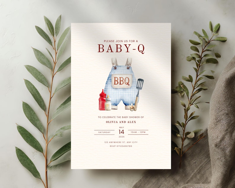 May include: Baby shower invitation with the text "BABY-Q" in maroon. The invitation features a watercolor illustration of blue gingham overalls with the word "BBQ" on the bib. Includes details for Olivia and Alex's baby shower.