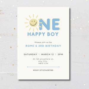 ONE Happy Boy 1st Birthday Digital and Printable Invite | Editable Birthday Party Invitation | Customisable | Children’s Printable Invite