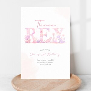 Three Rex Birthday Invitation Template, Pink Purple Dinosaur Party Invite, Girl Dino 3rd Birthday, Editable Printable Download image 4