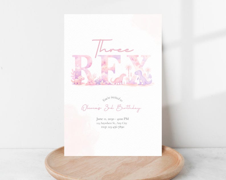 Three Rex Birthday Invitation Template, Pink Purple Dinosaur Party Invite, Girl Dino 3rd Birthday, Editable Printable Download image 4