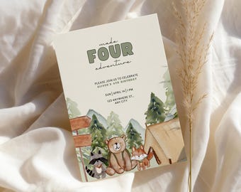 Made Four Adventure, 4th Birthday Invitation Template, Woodland Camping 4th Birthday Invite, 4th Birthday Theme Ideas