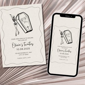 May include: Black and white invitation with a skeleton holding a coffin that says "RIP 20's" on it. The invitation is for Olivia's Twenties, a party on October 8, 2025, at 7:00 PM until late. The address is 123 Anywhere St, Any City, ST 12345.