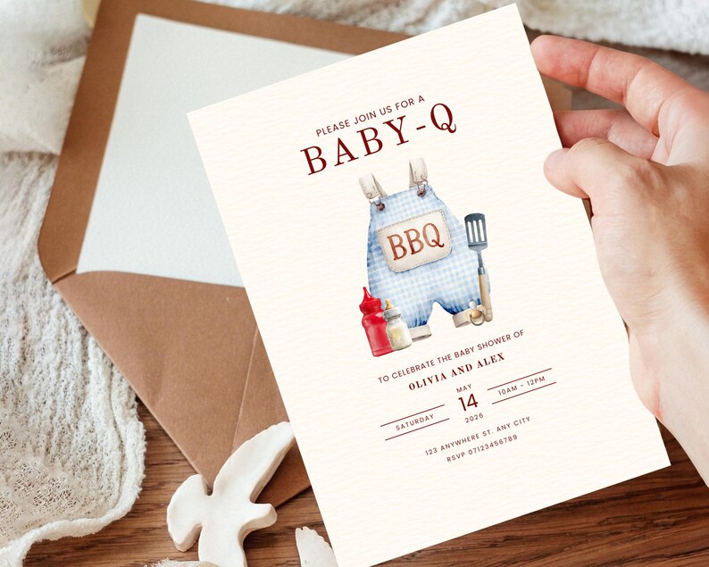 May include: A baby shower invitation with a BBQ theme. The invitation features a watercolor illustration of blue gingham overalls with the word "BBQ" on them. The text reads "Please join us for a Baby-Q" and includes the date, time, and location.