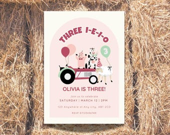 Three I-E-I-O Farm Birthday Invitation | Editable Girls 3rd Birthday Invite | Pink Barnyard Theme Party | Printable Kids Party Invite