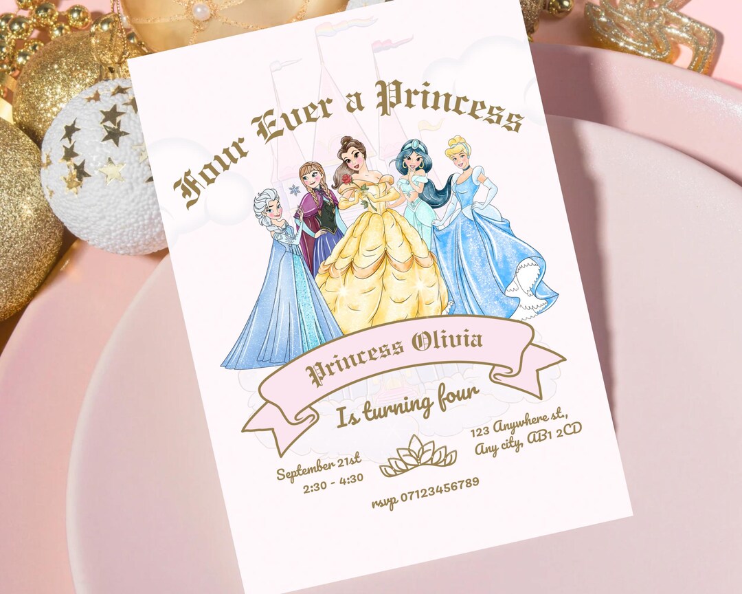 Four Ever a Princess Birthday Invitation | Editable Princess 4th Party ...