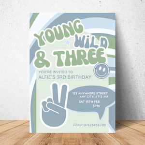 Groovy 3rd Birthday Invitation: Young Wild and Three, Boys Party (Canva Template Digital Download)