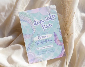 Dive Into Five, Mermaid Birthday Invitation, Girls Nautical Birthday Invite, Under the Sea Party, 5th Birthday Theme Ideas (Digital)