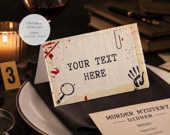Murder Mystery Decor, Name Places, Food Labels, Printable Tent Cards, Place Cards, Buffet Table Signs, 2 Sizes Included