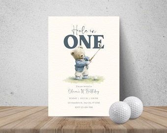 Hole in One Golf 1st Birthday Invitation, Teddy Bear Golf Theme, First Birthday Invite, Printable Golf Party Invite