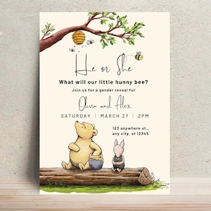 Winnie the Pooh Gender Reveal Invitation, He or She Little Hunny Bee Invite, Editable Honey Gender Reveal Template, Digital Download