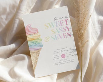 Sweet Sassy and Seven, Ice Cream Invitation, Candy Sweet Party, Candyland, Girl 7th Birthday (Digital Download)