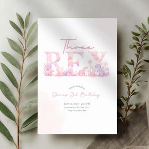 Three Rex Birthday Invitation Template, Pink Purple Dinosaur Party Invite, Girl Dino 3rd Birthday, Editable Printable Download image 8