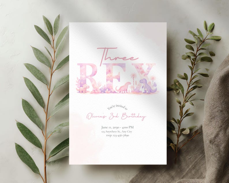 Three Rex Birthday Invitation Template, Pink Purple Dinosaur Party Invite, Girl Dino 3rd Birthday, Editable Printable Download image 8