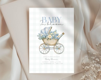 Boy Baby in Bloom Baby Shower Invitation, Floral Boy Shower Invite, Vintage Pram Invitation, Blue Floral Baby Shower, Editable Template