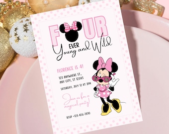 Minnie Birthday Invitation, Digital Minnie Invite, Girls 4th Birthday Template, Pink Minnie Design, Mouse Ears, Canva Digital Download