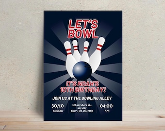 Puede incluir: Invitación de cumpleaños con temática de bolos en azul marino. El diseño presenta una bola y bolos, con el texto "LET'S BOWL" en rojo. La invitación incluye el texto "IT'S NOAH'S 10TH BIRTHDAY!" y detalles del evento.