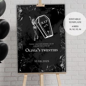 30th Birthday Black Welcome Sign | RIP 20’s Theme 30th Birthday Party | 30th Birthday Decor | Editable Canva Template in 4 sizes