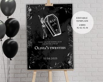 30th Birthday Black Welcome Sign | RIP 20’s Theme 30th Birthday Party | 30th Birthday Decor | Editable Canva Template in 4 sizes