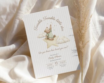 Twinkle Little Star Baby Shower Invitation, Cloud and Stars Baby Shower Invite, Neutral Bear Shower (Digital Download)