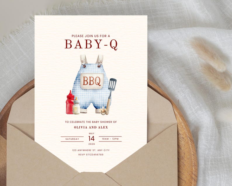 May include: A baby shower invitation with a watercolor design. The invitation features the text "BABY-Q" and an illustration of blue gingham overalls with the word "BBQ". Additional text includes the date, time, and RSVP information.