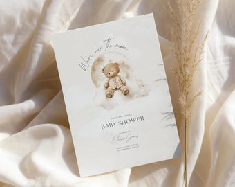 Over the Moon Baby Shower Invitation, Teddy Bear Invite, Moon and Stars Baby Shower Template, Editable Instant Download
