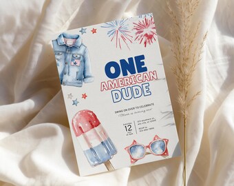 One American Boy, 1st Birthday Invitation Template, Patriotic Birthday Party, Canva Template (Digital Download)