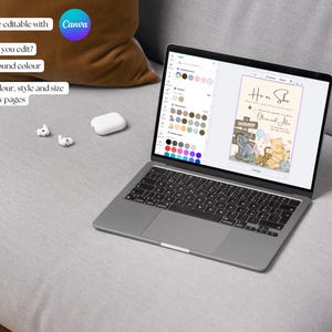 May include: A laptop displaying a Canva template for a baby shower invitation. The screen shows a design with Winnie the Pooh characters. Text on the screen includes "Hen She" and "Olivia and Alex". The laptop is on a gray surface with wireless earbuds.