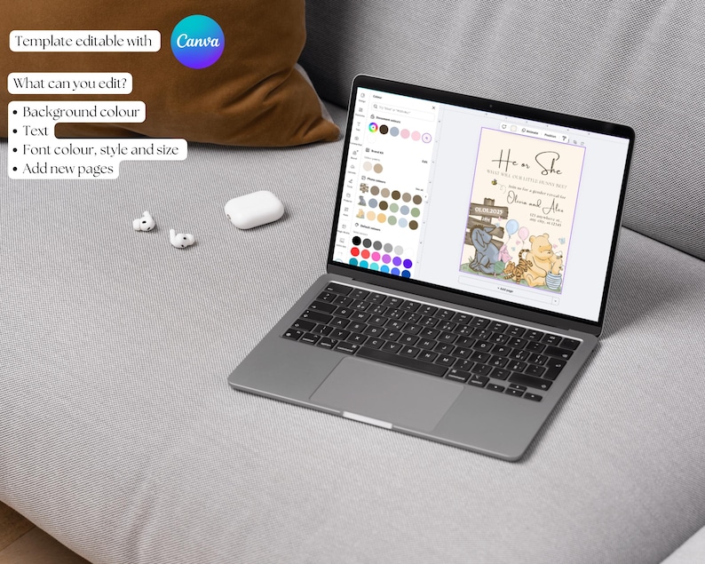 May include: A laptop displaying a Canva template for a baby shower invitation. The screen shows a design with Winnie the Pooh characters. Text on the screen includes "Hen She" and "Olivia and Alex". The laptop is on a gray surface with wireless earbuds.