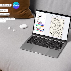 May include: A laptop displaying a design template with the text "Come on in! Welcome to Harry & Sarah's Housewarming." The screen shows editing options and color palettes. The laptop is on a gray surface.
