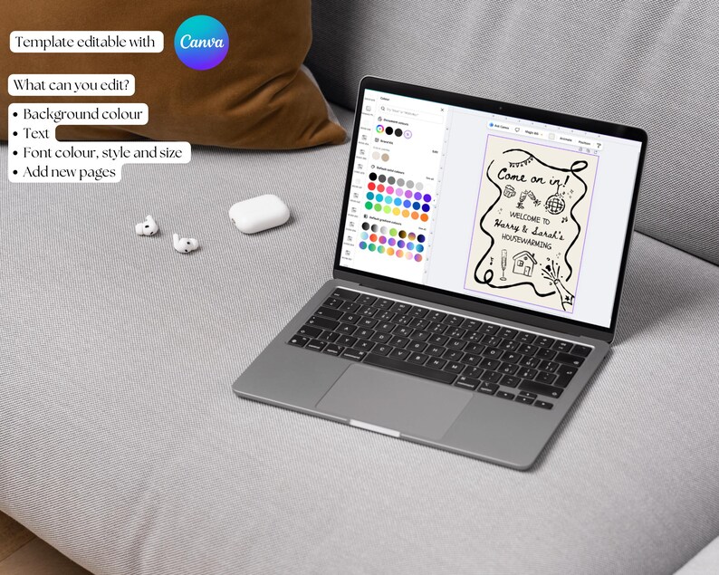 May include: A laptop displaying a design template with the text "Come on in! Welcome to Harry & Sarah's Housewarming." The screen shows editing options and color palettes. The laptop is on a gray surface.
