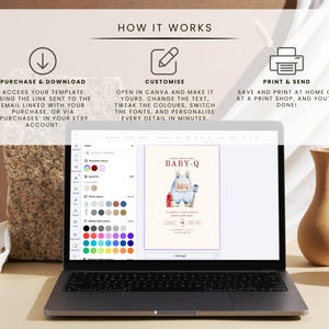 May include: A laptop displays a baby shower invitation template with a llama graphic and the text "BABY-Q BBQ". The screen shows customization options. Instructions above explain how to purchase, customize, and print the template.