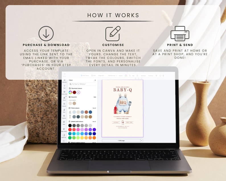 May include: A laptop displays a baby shower invitation template with a llama graphic and the text "BABY-Q BBQ". The screen shows customization options. Instructions above explain how to purchase, customize, and print the template.
