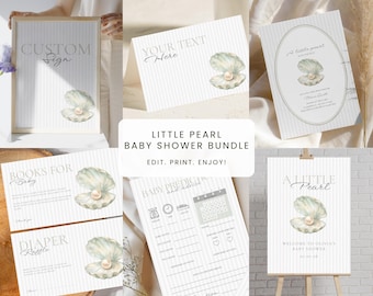 A Little Pearl Baby Shower Bundle, Baby Shower Invitation and Editable Decor, Baby Advice Cards, Welcome Sign, Books For Baby, Tent Cards
